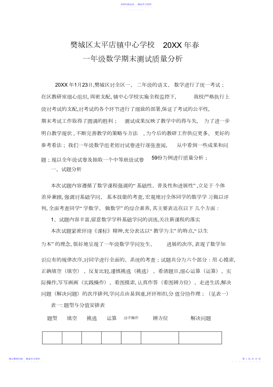 2022年一年级数学期末测试质量分析.docx_第1页