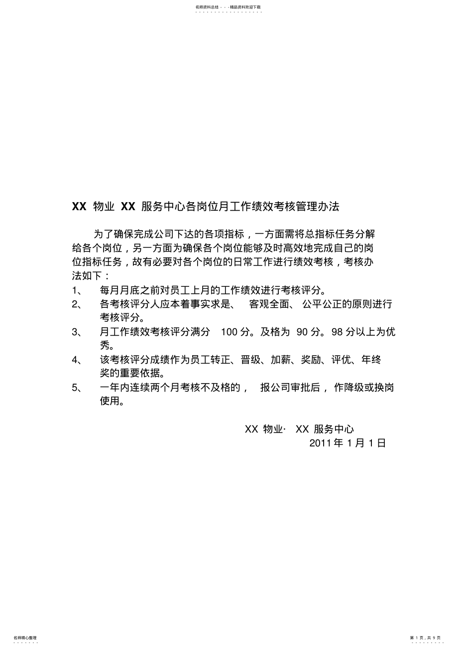 2022年XX物业各岗位绩效考核表 .pdf_第1页