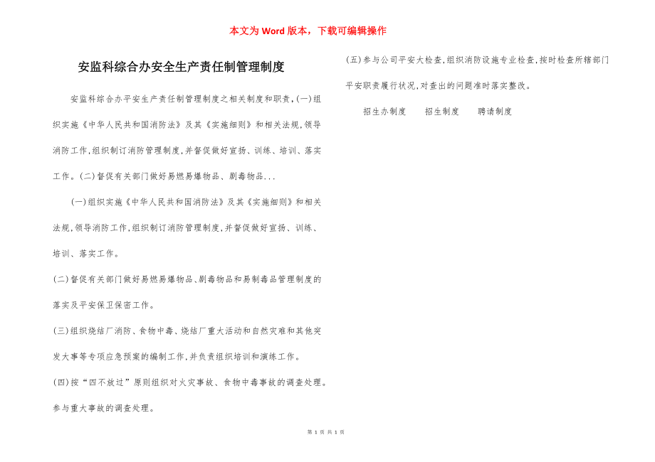 安监科综合办安全生产责任制管理制度.docx_第1页