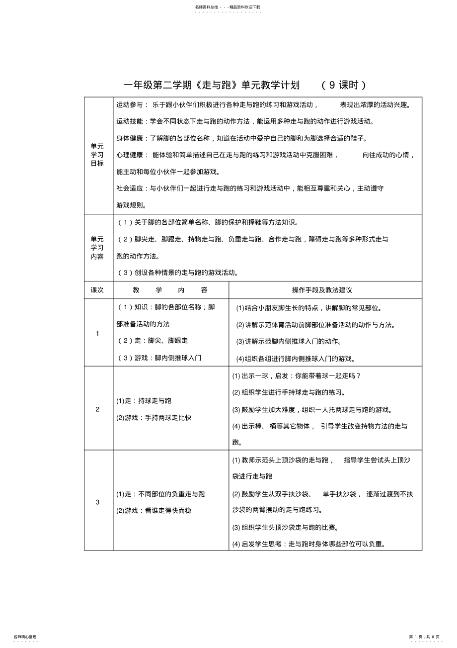 2022年一年级第二学期《走与跑》单元教学计划 .pdf_第1页