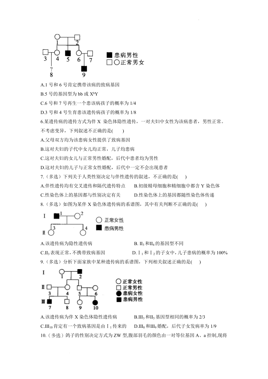 新高考生物一轮复习练习第五单元 遗传的基本规律（3）伴性遗传 .docx_第2页