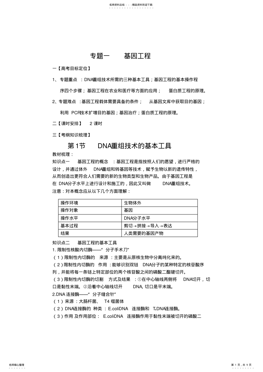 2022年专题一基因工程知识点归纳 .pdf_第1页