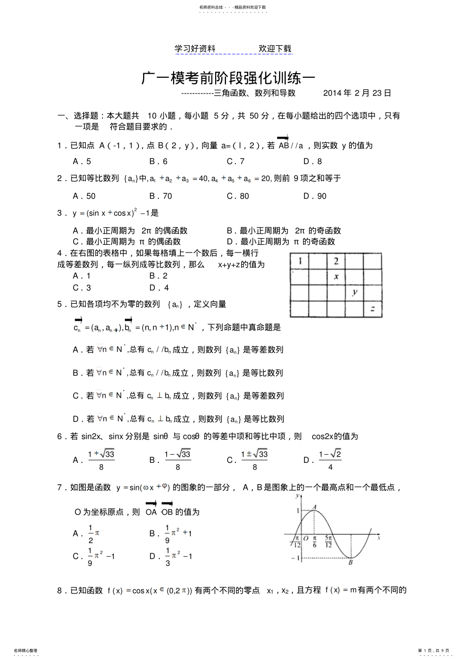 2022年三角函数、数列、导数模块训练 .pdf_第1页