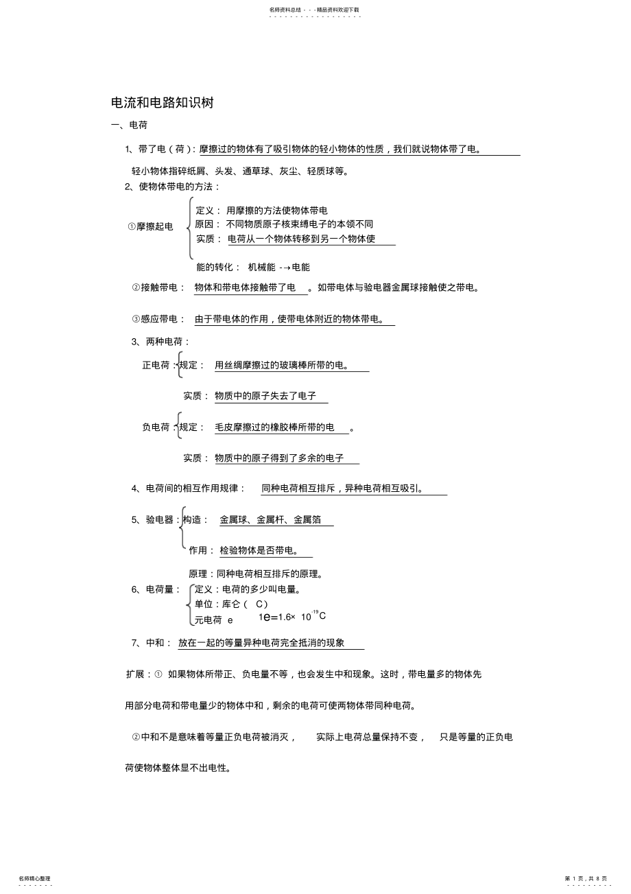 2022年电流和电路复习教案知识树 .pdf_第1页