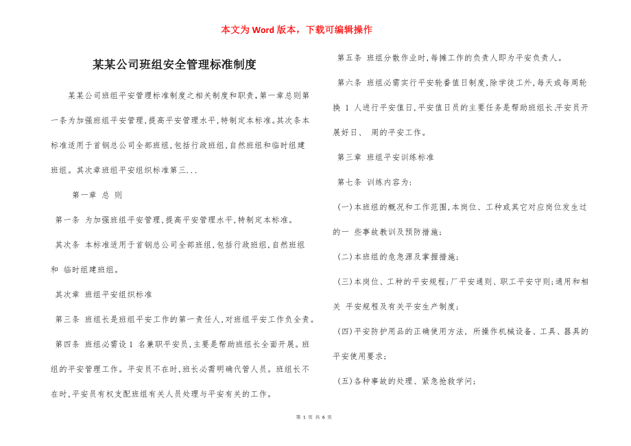 某某公司班组安全管理标准制度.docx_第1页