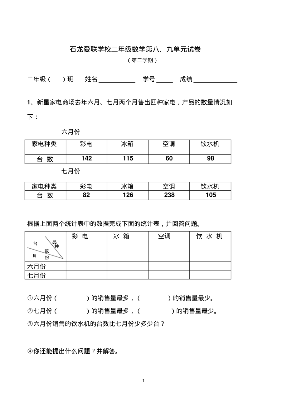 人教版二年级数学下册第八、九单元测试题.pdf_第1页