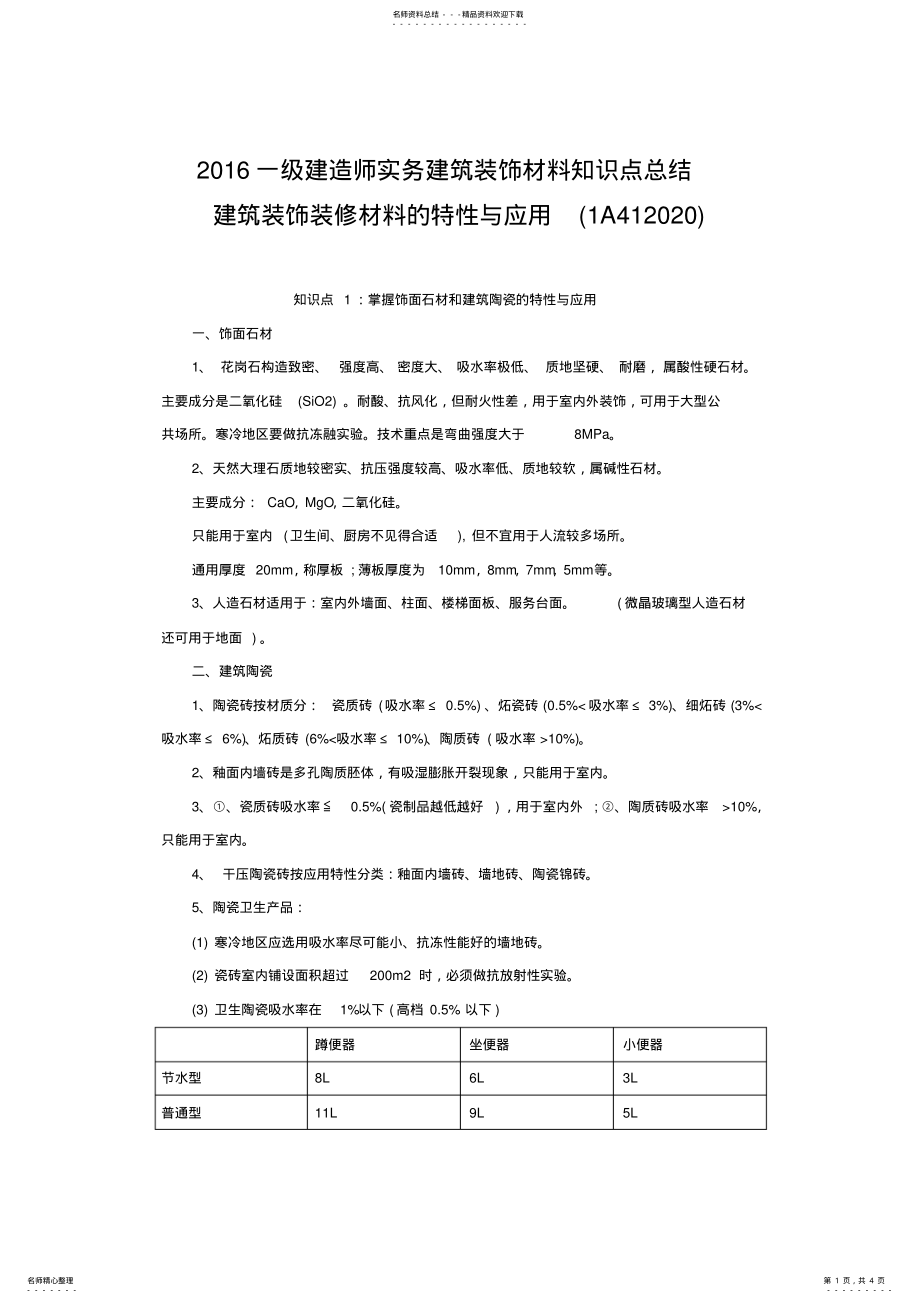 2022年一级建造师实务建筑装饰材料节选知识点总结 .pdf_第1页