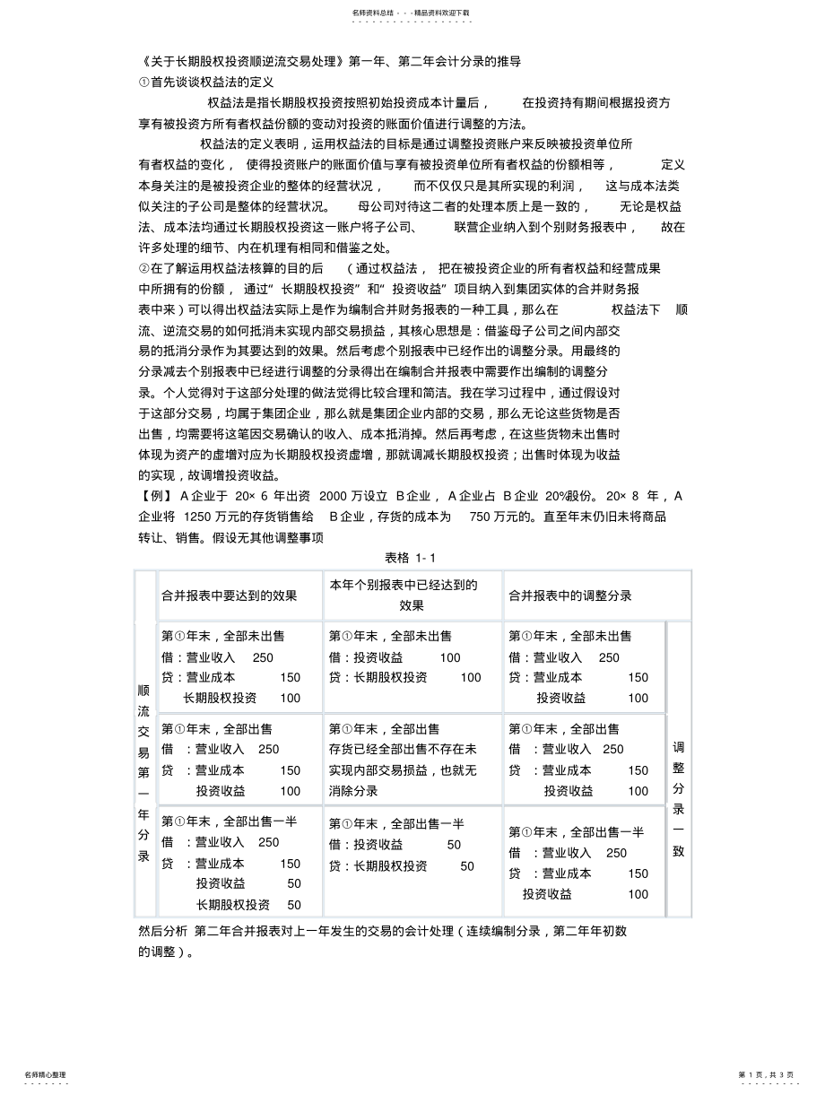 2022年《关于长期股权投资顺逆流交易处理》第一年、第二年会计分录的推 .pdf_第1页