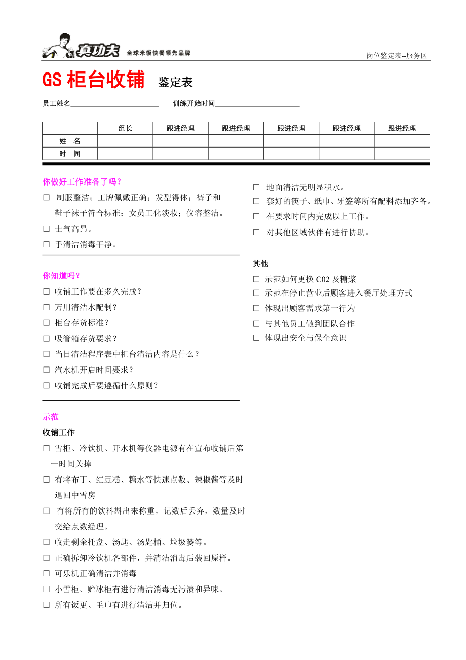 中式快捷餐厅运营饭堂实体店管理 表格 真功夫 餐厅柜台收铺鉴定表P1.doc_第1页