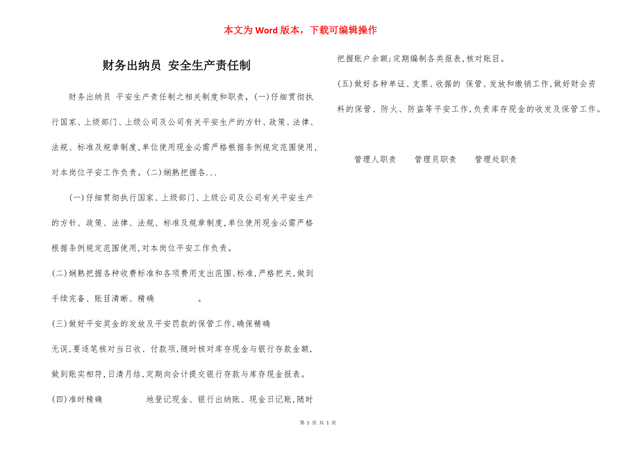 财务出纳员 安全生产责任制.docx_第1页