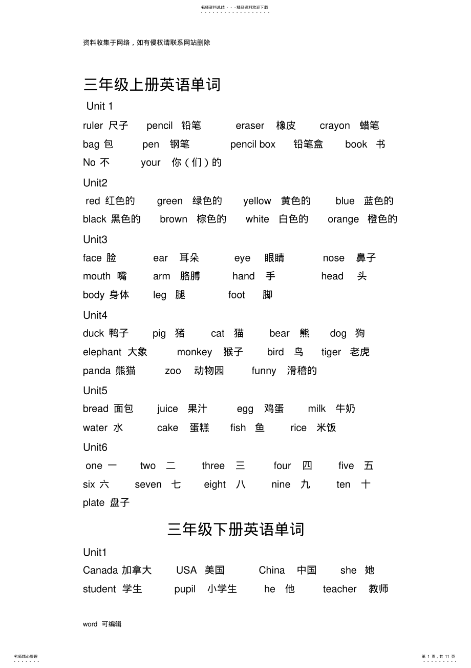 2022年pep人教版小学英语单词表汇编教学内容 .pdf_第1页