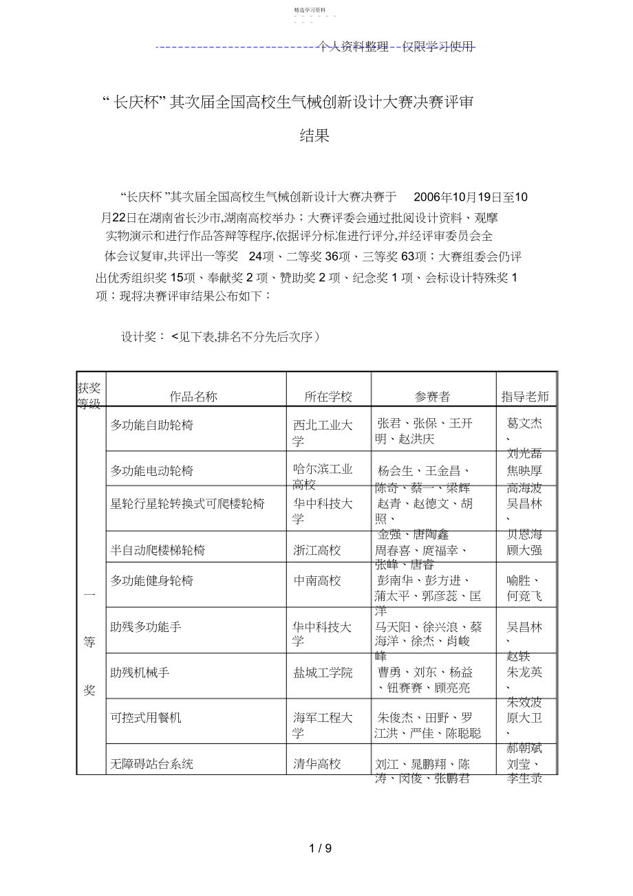 2022年第二届全国大学生机械创新设计方案大赛决赛评审结果.docx_第1页