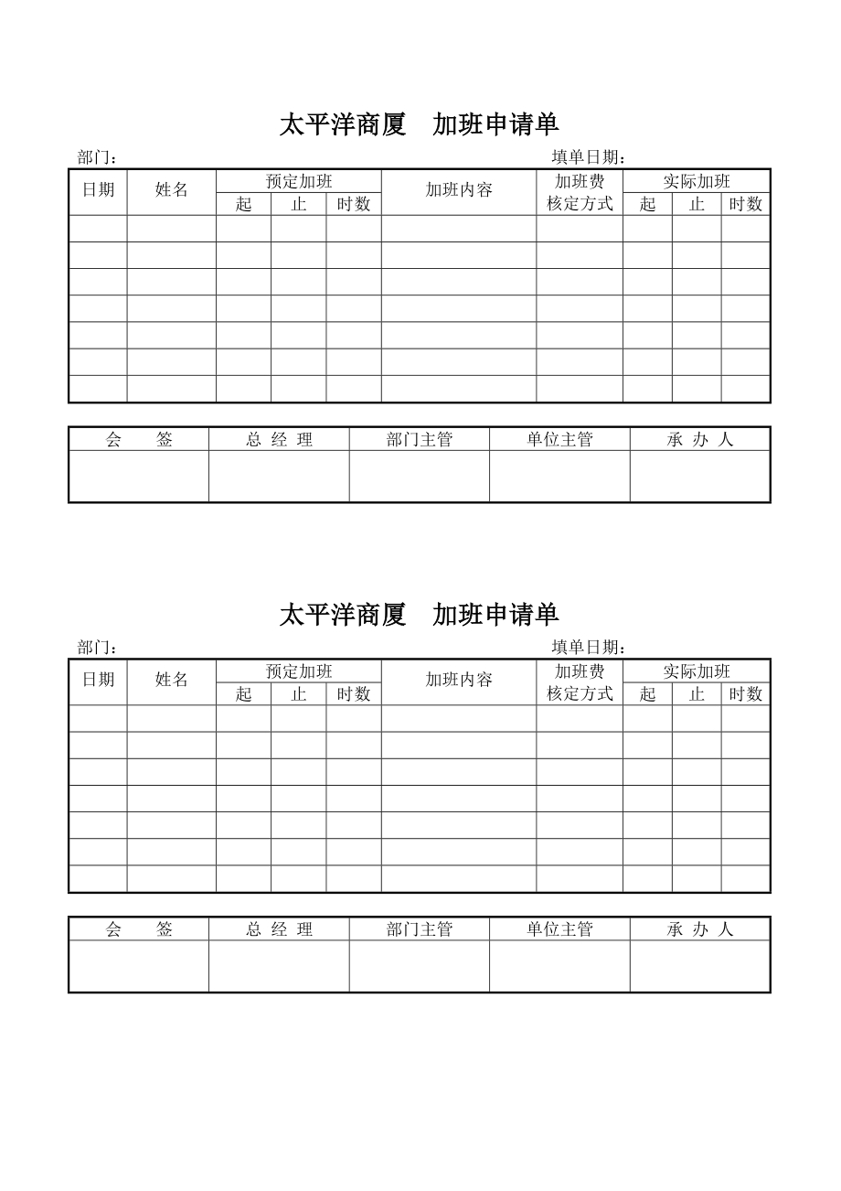 超市零售实体店太平洋商厦商场百货运营管理资料 加班申请单.doc_第1页