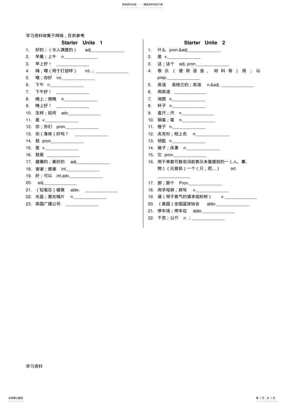 2022年七年级上册英语单词 .pdf_第1页