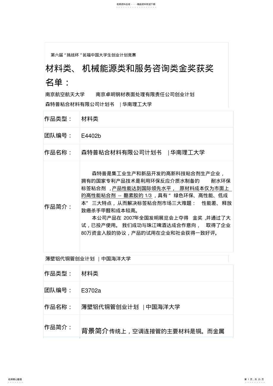 2022年第六届“挑战杯”瓮福中国大学生创业计划竞赛金奖作品简介 .pdf_第1页