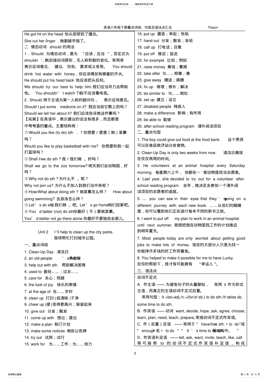 2022年人教版英语八年级下册重点词组、句型及语法点汇总,推荐文档 .pdf_第2页