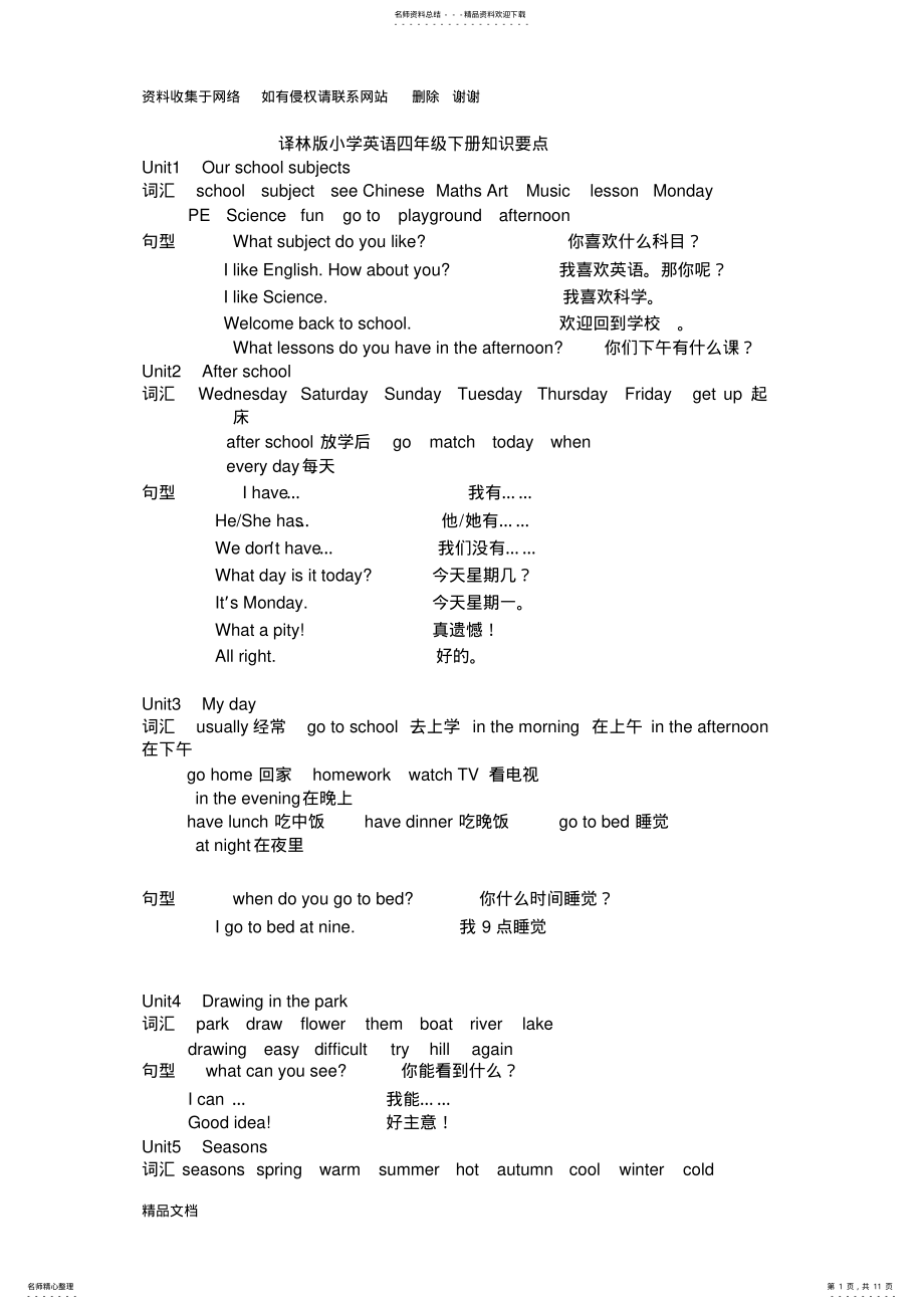 2022年译林英语四年级下知识点及语法汇总 .pdf_第1页