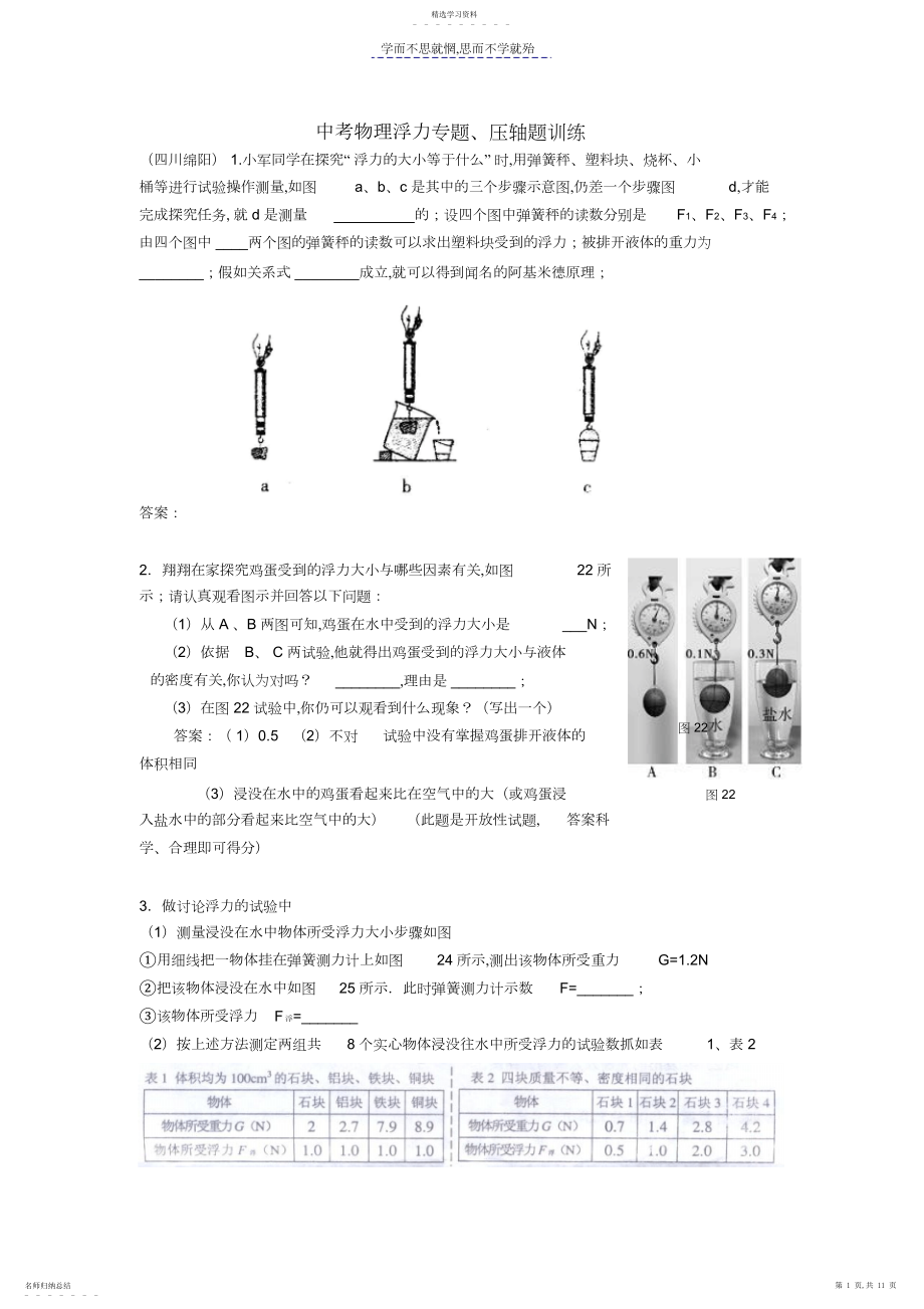 2022年中考物理浮力专题压轴题训练.docx_第1页