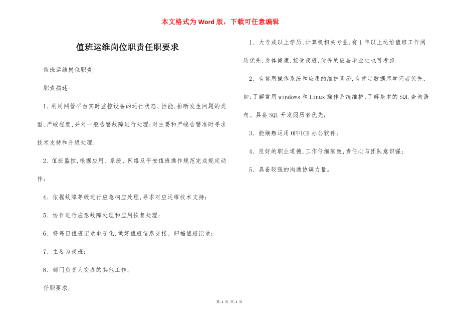 值班运维岗位职责任职要求.docx_第1页