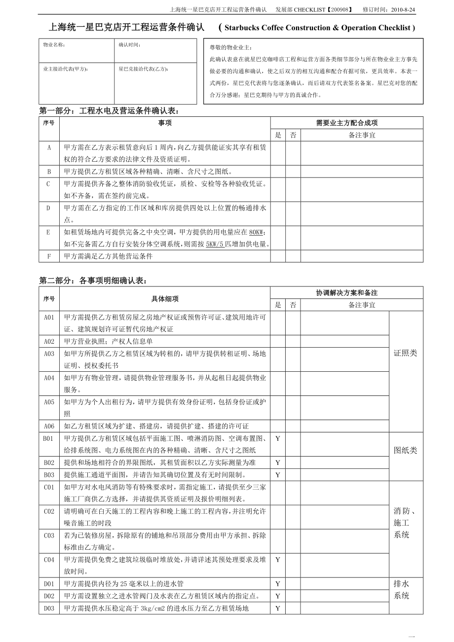 全球咖啡店餐饮餐厅连锁资料 星巴克 开工程运营条件确认P3.doc_第1页