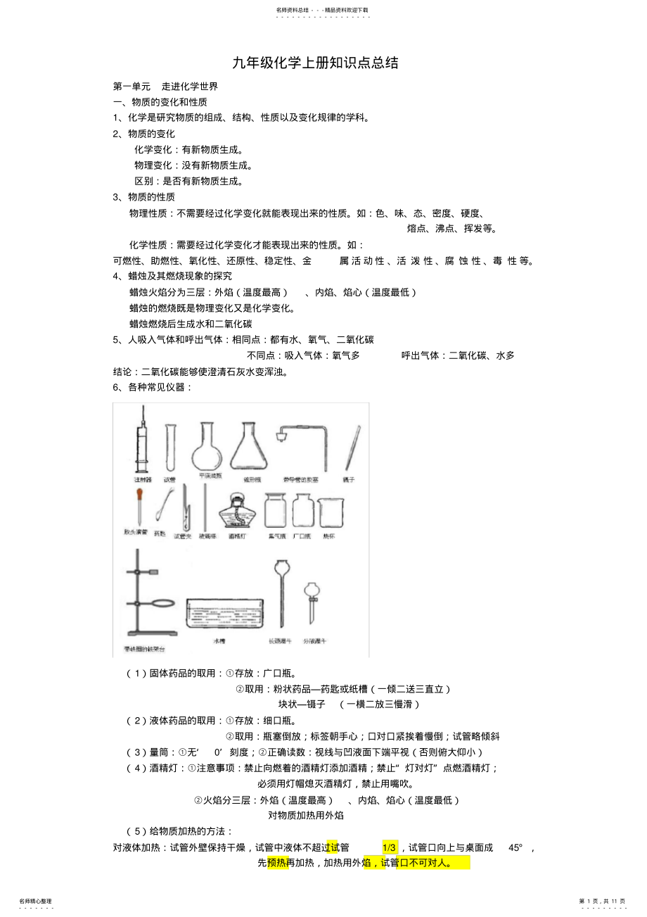 2022年人教版初三化学上册知识点总结,推荐文档 .pdf_第1页