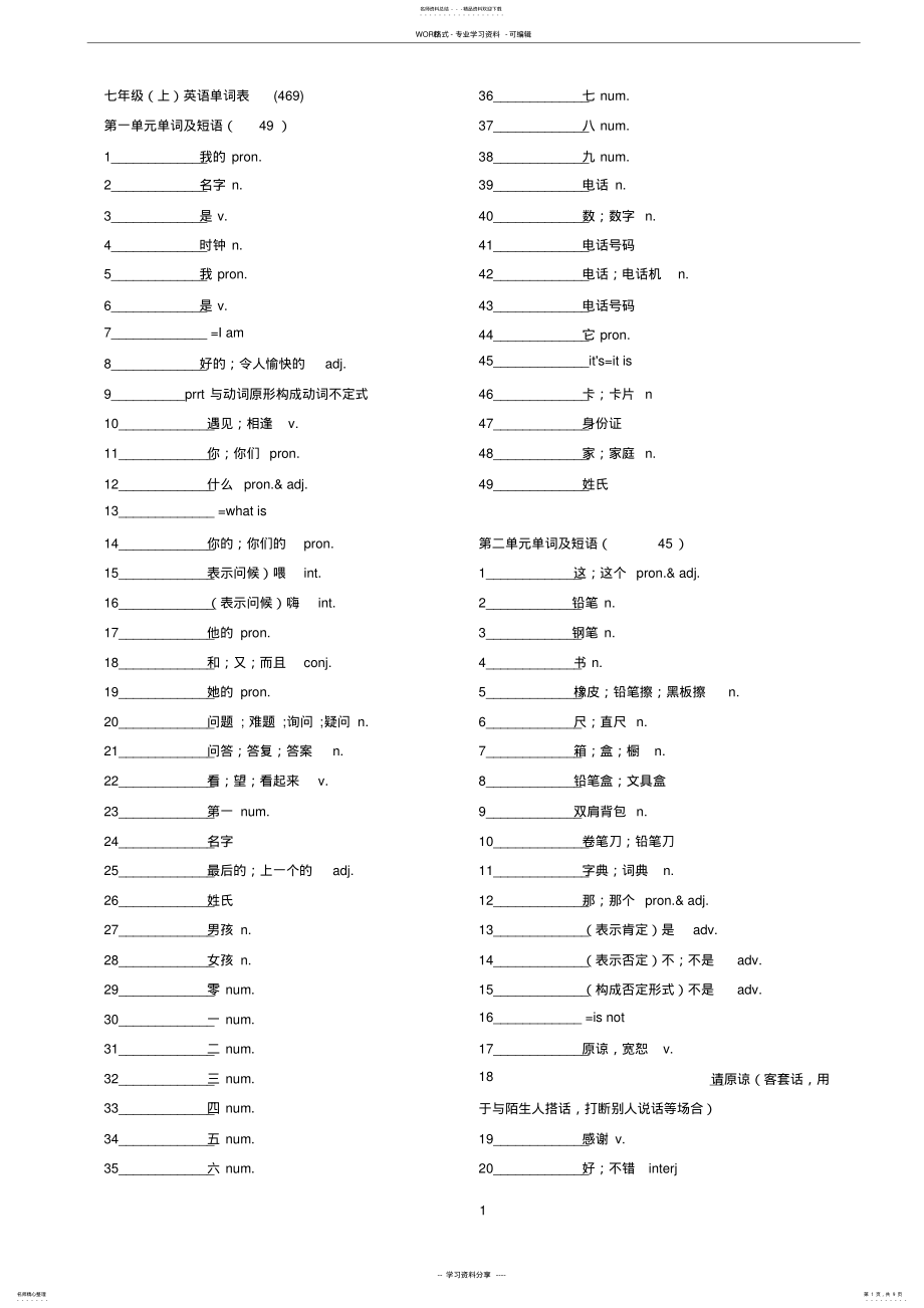 2022年人教版新目标七年级上册英语单词默写表 2.pdf_第1页