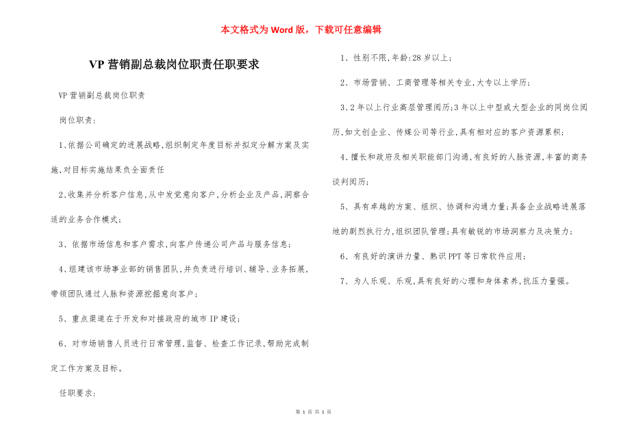 VP营销副总裁岗位职责任职要求.docx_第1页