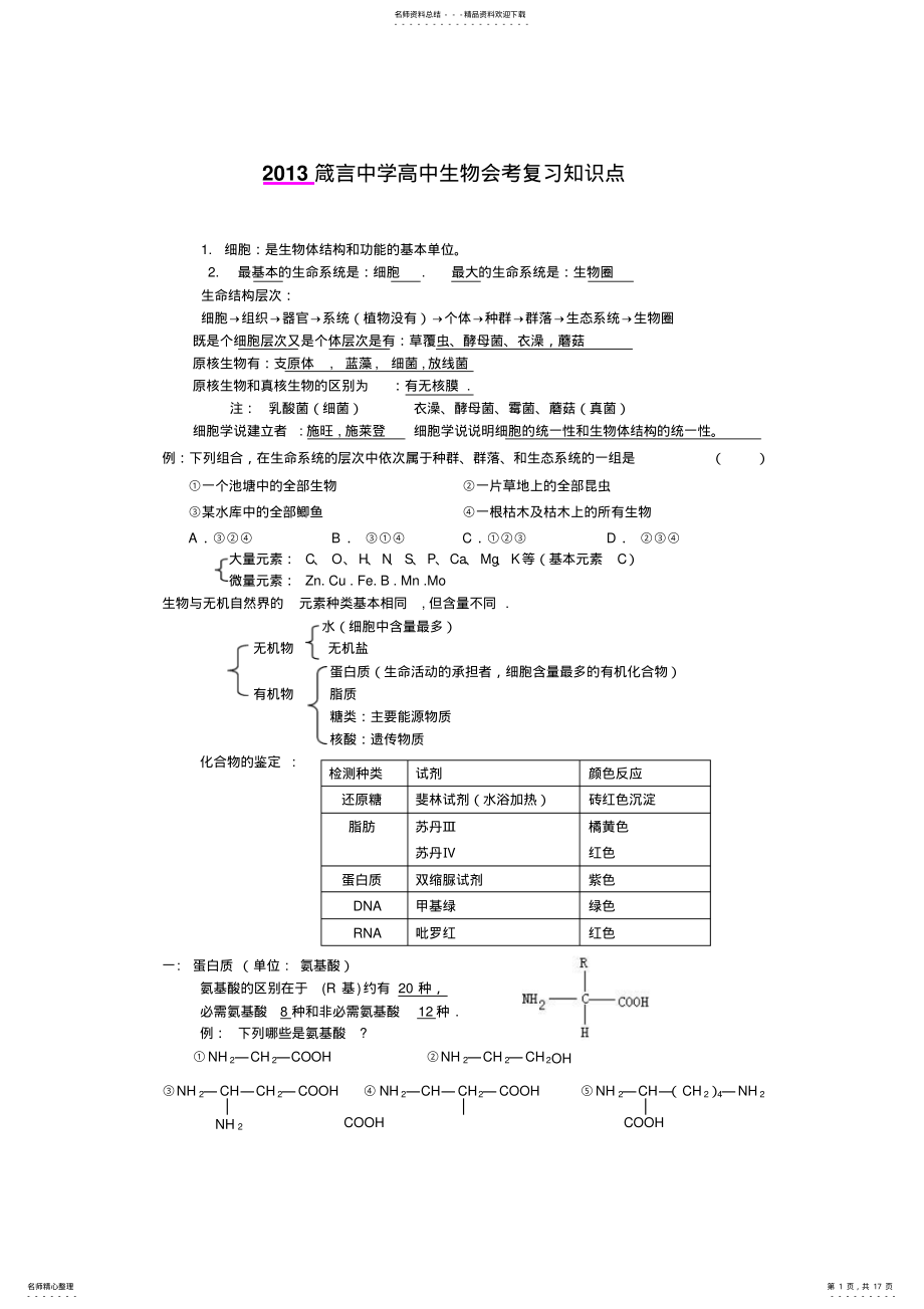 2022年箴言中学高中生物会考复习知识点 .pdf_第1页