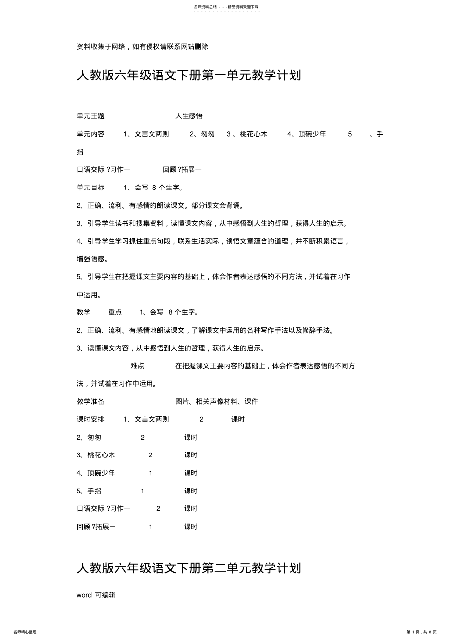 2022年人教版六年级语文下册单元教学目标计划重难点教案资料 .pdf_第1页