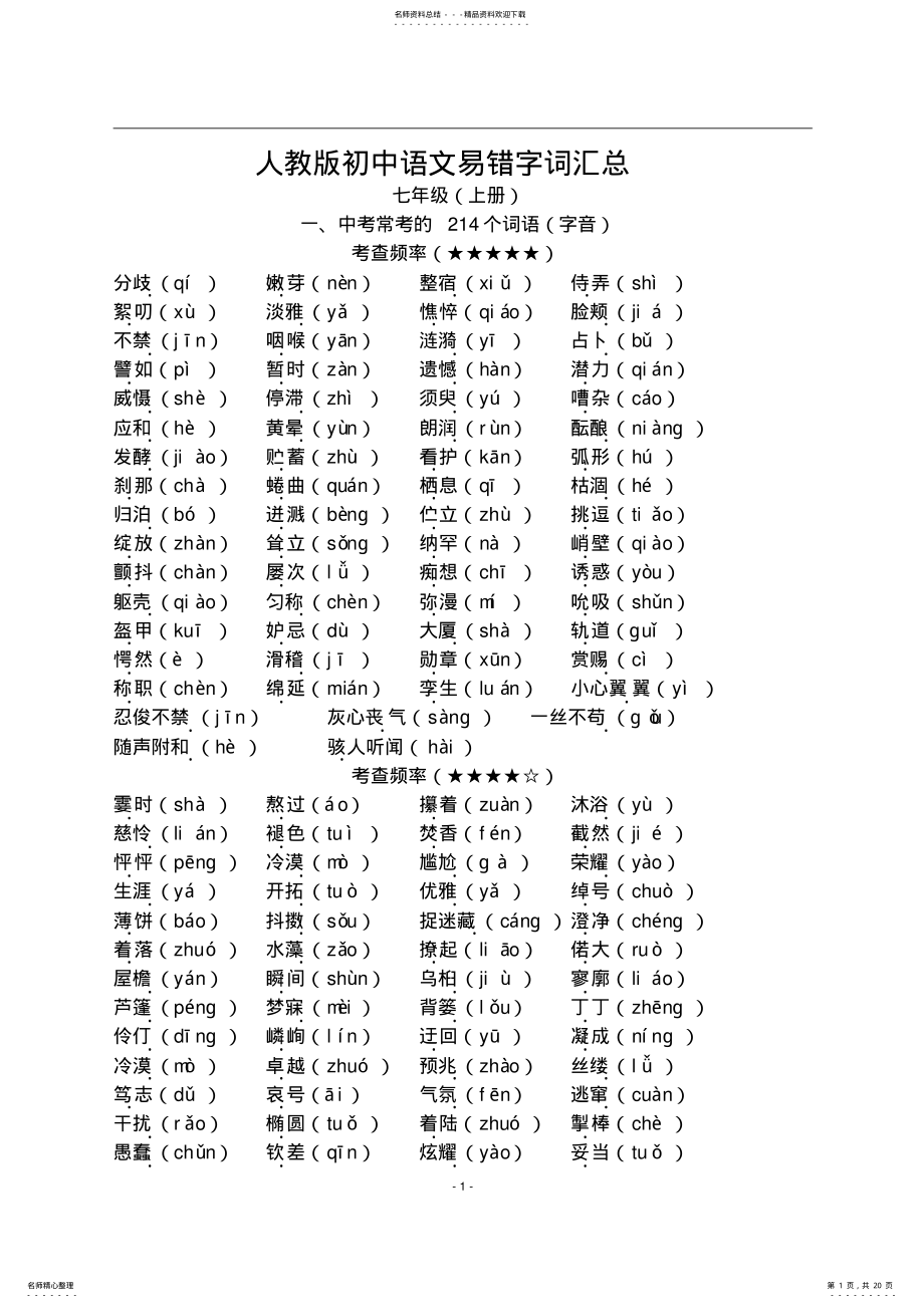 2022年人教版初中语文易错字词汇总,推荐文档 .pdf_第1页