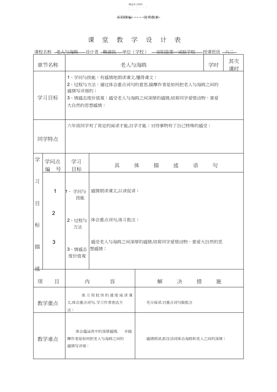 2022年老人与海鸥课堂教学设计模板.docx_第1页