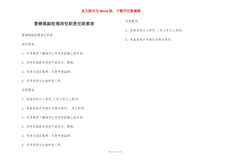 营销部副经理岗位职责任职要求.docx_第1页