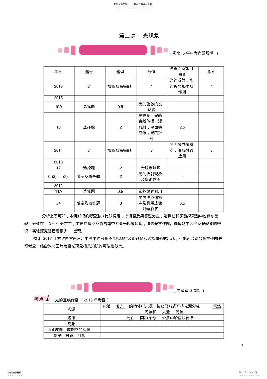 2022年中考物理总复习第一编教材知识梳理第二讲光现象试题 .pdf_第1页