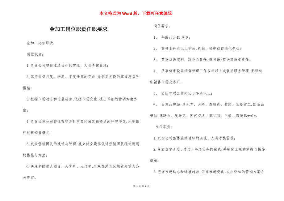 金加工岗位职责任职要求.docx_第1页