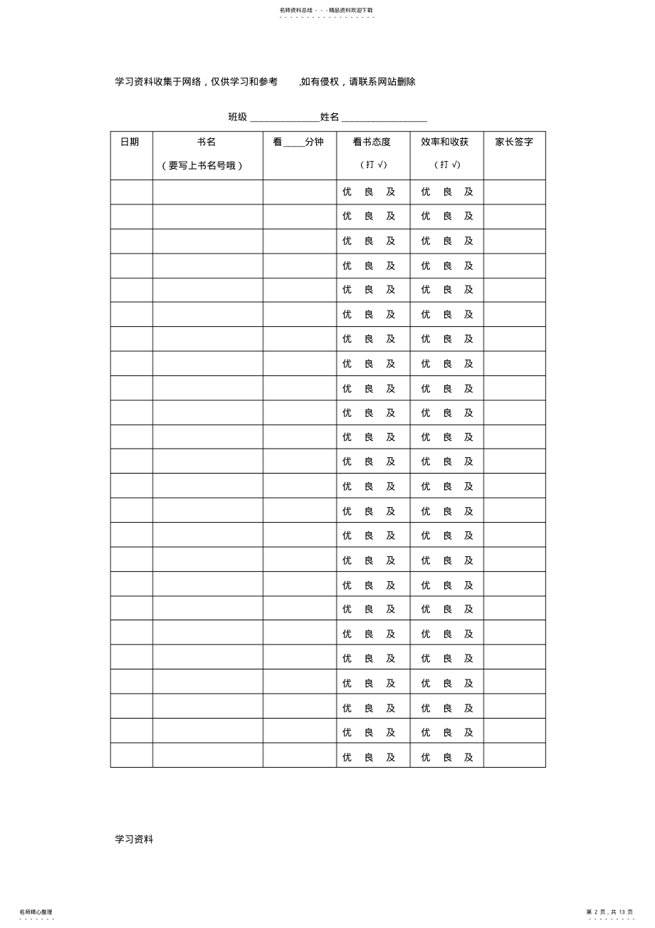 2022年二年级班阅读记录卡、记录表模板 .pdf_第2页