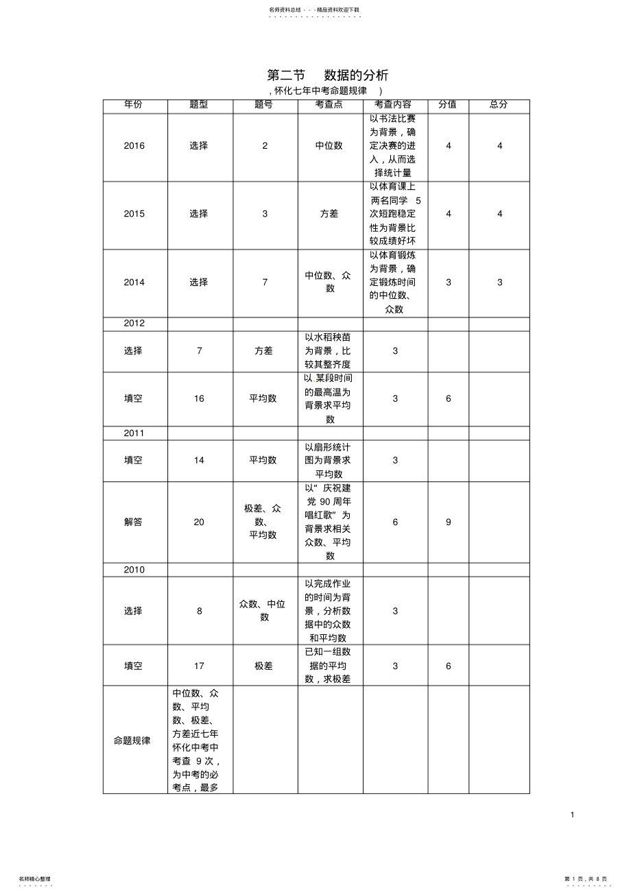 2022年中考数学总复习第一编教材知识梳理篇第八章统计与概率第二节数据的分析试题 .pdf_第1页