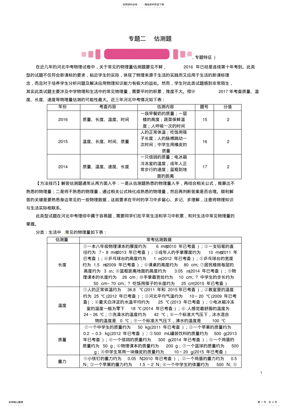 2022年中考物理总复习第二编重点题型突破专题二估测题试题 .pdf_第1页