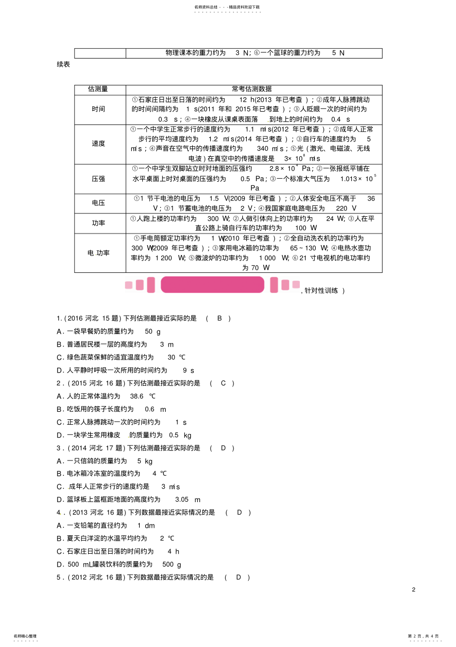 2022年中考物理总复习第二编重点题型突破专题二估测题试题 .pdf_第2页