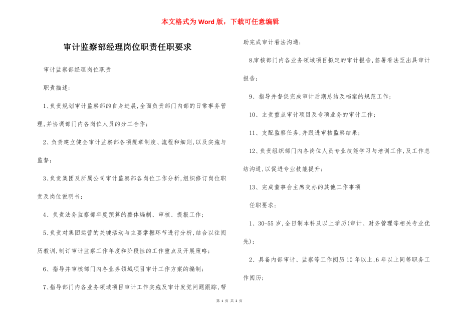 审计监察部经理岗位职责任职要求.docx_第1页