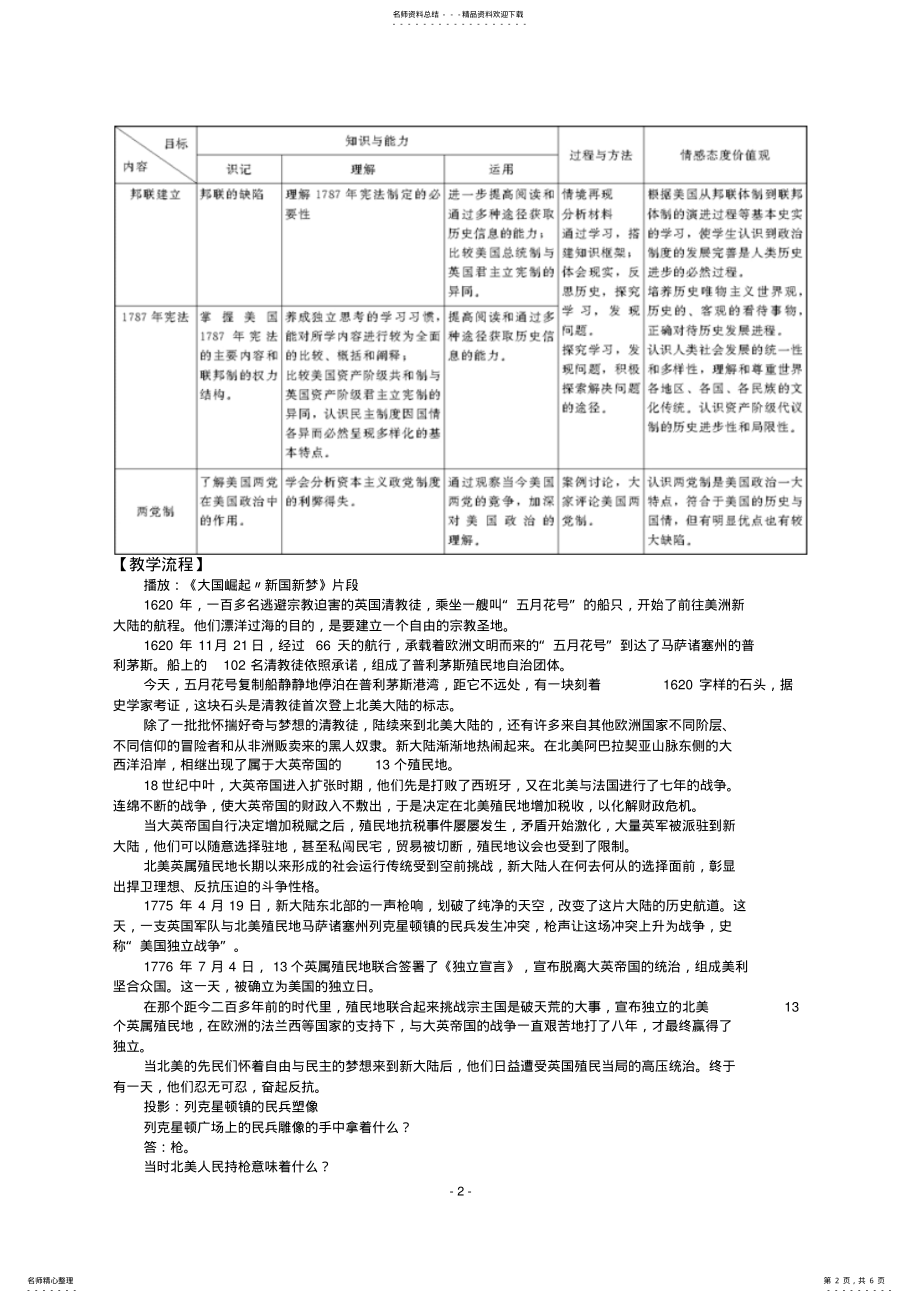 2022年人民版高中历史必修第三单元“近代西方资本主义政治制度的确立与发展”第课“美国联邦政府的建立”教案 .pdf_第2页