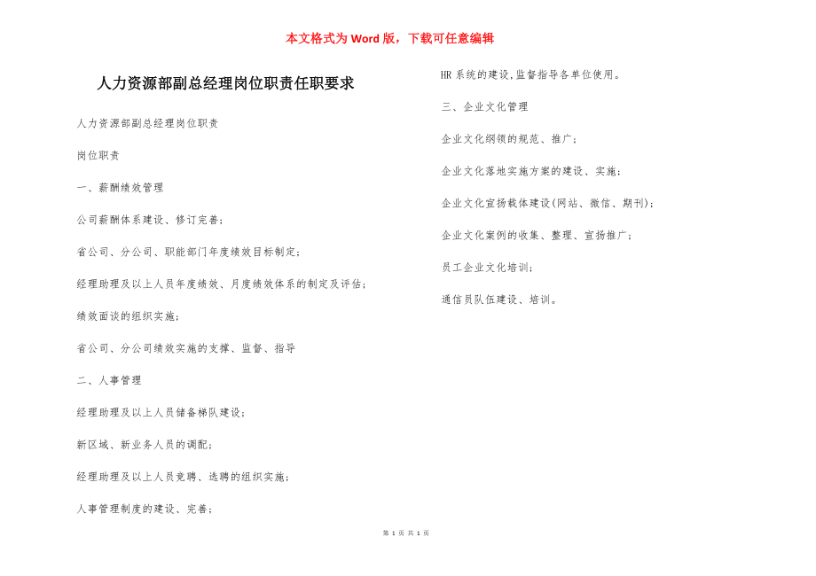 人力资源部副总经理岗位职责任职要求.docx_第1页