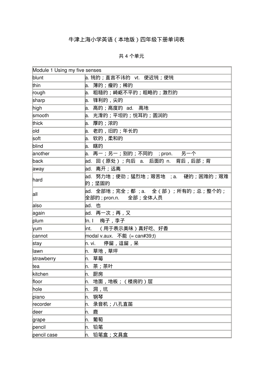 牛津上海小学英语(本地版)四年级下册单词表.pdf_第1页