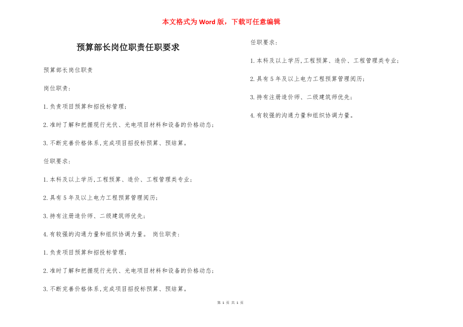 预算部长岗位职责任职要求.docx_第1页