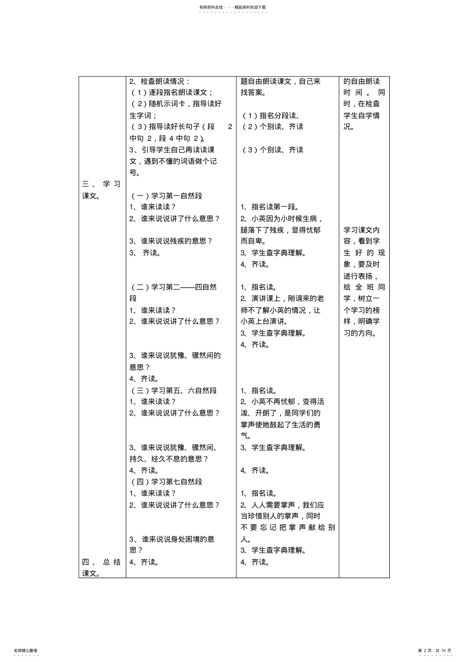 2022年苏教版小学语文三年级上册《掌声》精品教案 .pdf_第2页