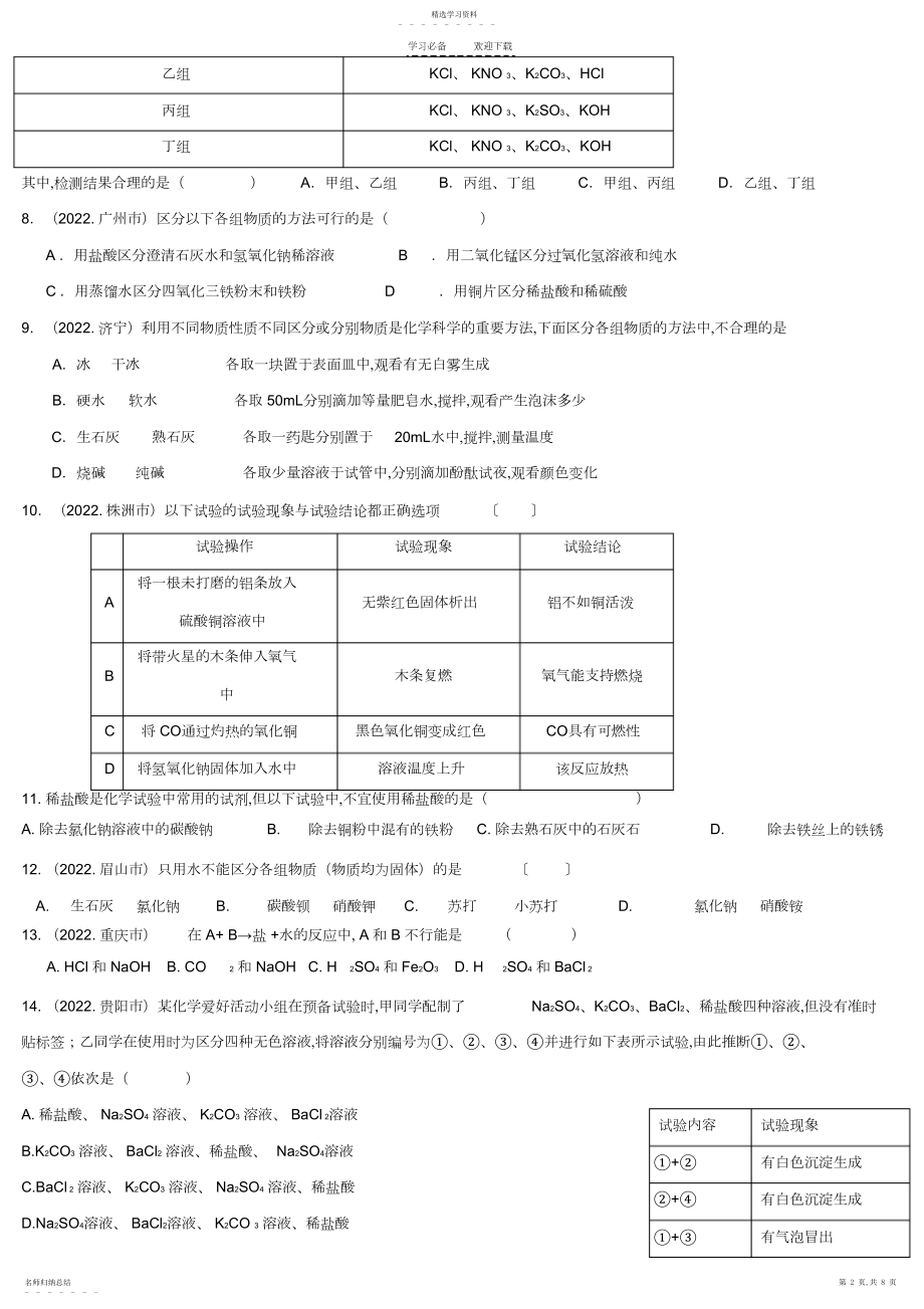 2022年中考化学物质除杂鉴别分离选择专项练习.docx_第2页