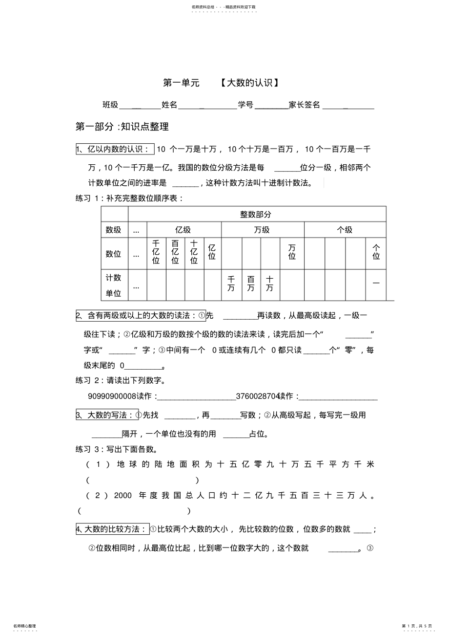 2022年人教版小学数学四年级上册第一单元知识点复习及基础练习复习资料 .pdf_第1页