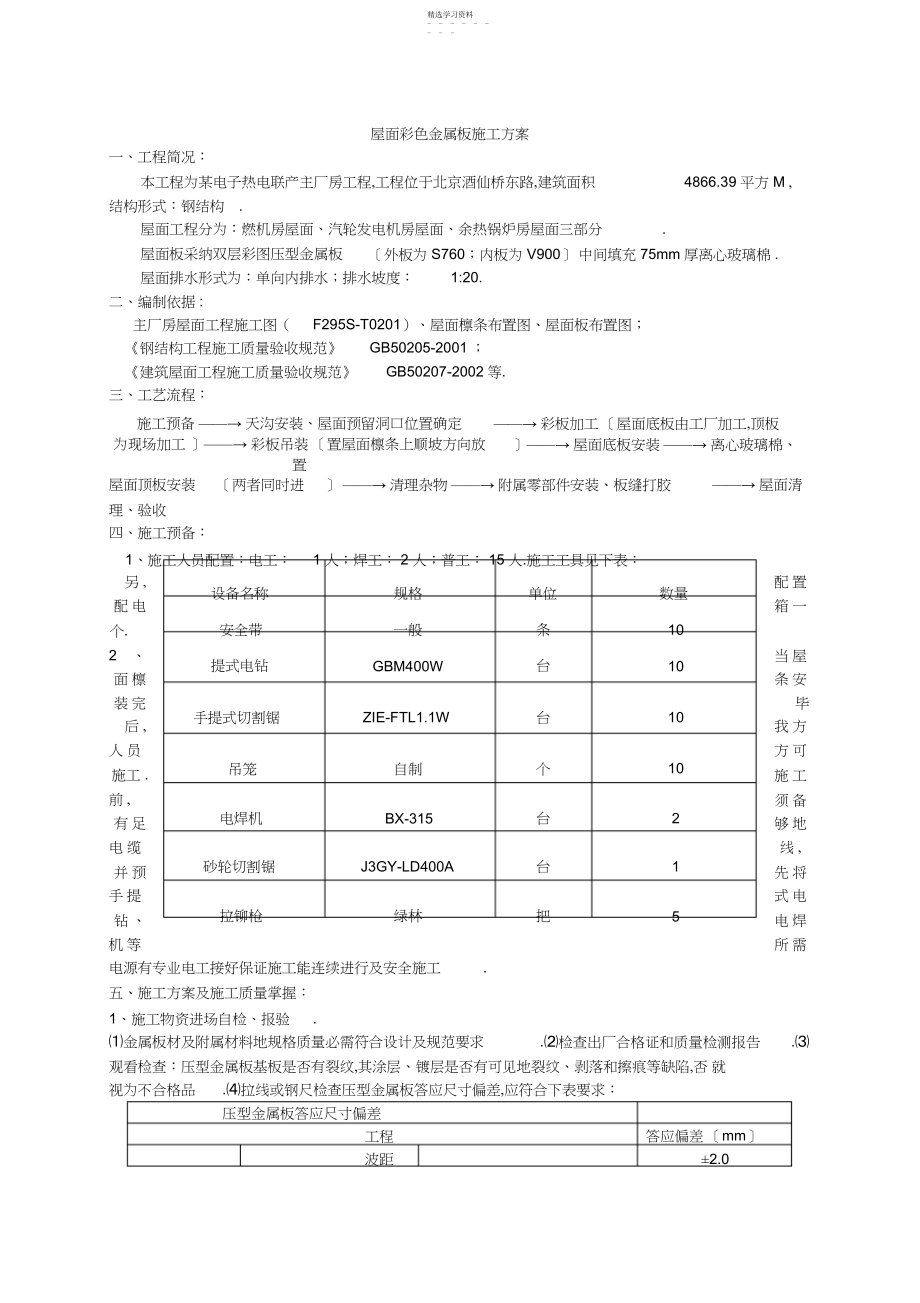 2022年联产工程主厂房工程屋面彩色金属板安装工程施工组织设计方案方案.docx_第1页