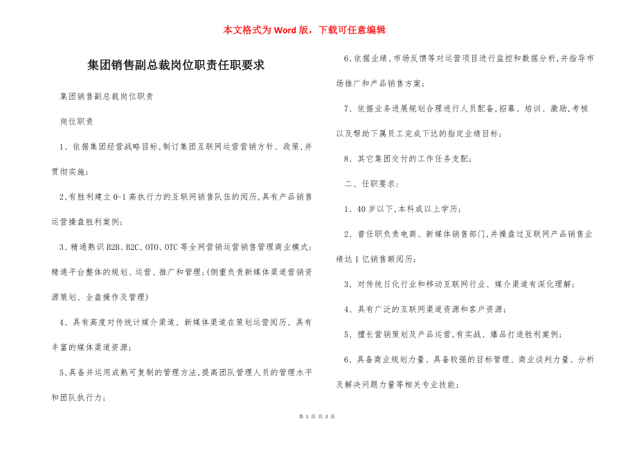 集团销售副总裁岗位职责任职要求.docx_第1页