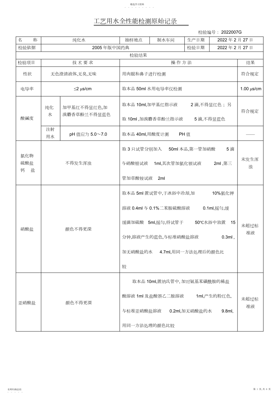 2022年纯化水全性能检测报告及原始记录.docx_第1页