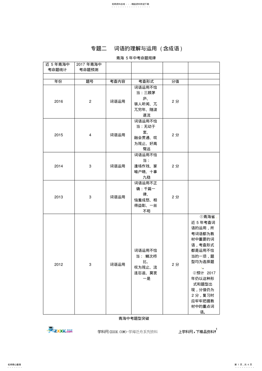 2022年中考语文总复习第二编积累与运用篇专题二词语的理解与运用 .pdf_第1页